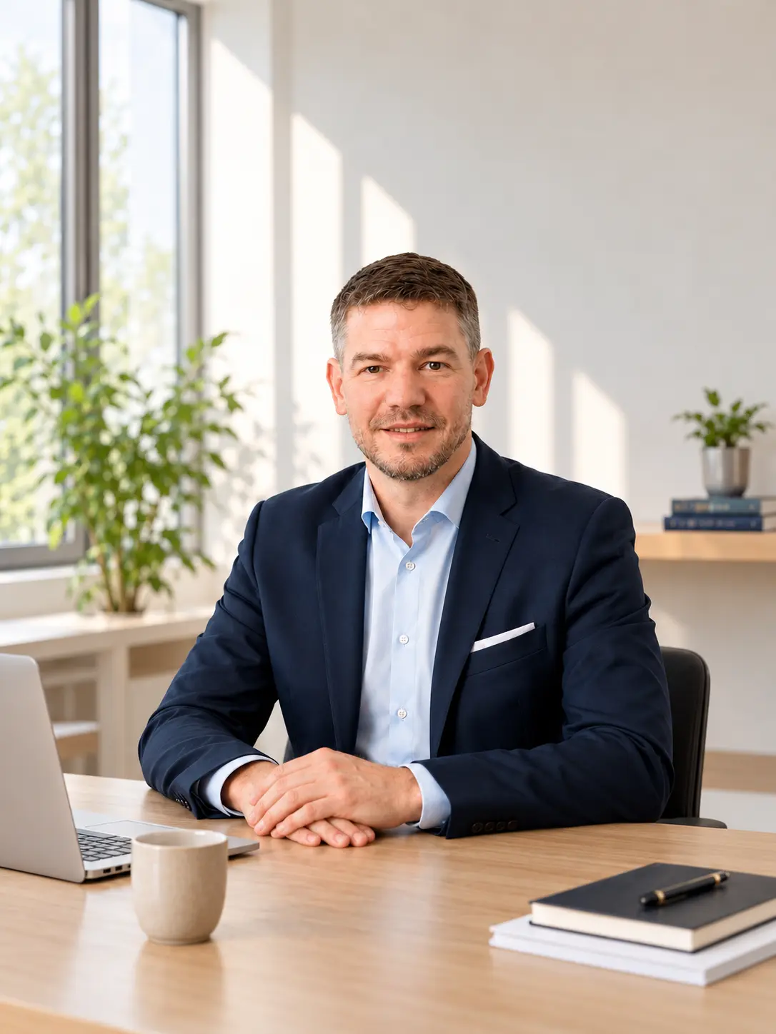 Steffen Stein im dunkelblauen Sakko an einem Schreibtisch in einem hellen B&uuml;ro